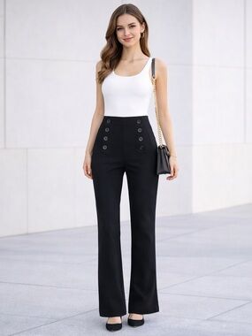 Margaret O'Leary Black Stretch High-Waist Wide Leg Pants Sailor Buttons Sz Small